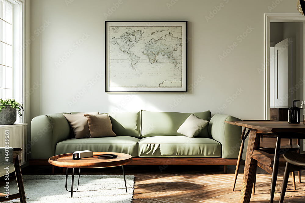 Stylish Scandinavian home interior design of a modern living room with a light green sofa, wooden coffee table, and a dining area with a brown parquet floor. Stylish Scandinavian home interior design of a modern living room with a light green sofa, wooden coffee table, and a dining area with a brown parquet floor.