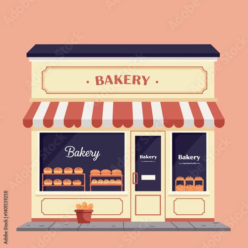 Charming bakery storefront with striped awning and fresh bread display, featuring a flat design style in warm pastel colors, vector illustration