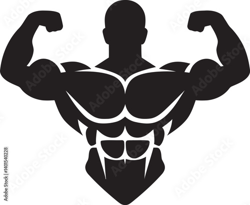 A Strong Male Figure in Classic Flex Pose – Minimalist Silhouette Illustration, bodybuilder training with dumbbell