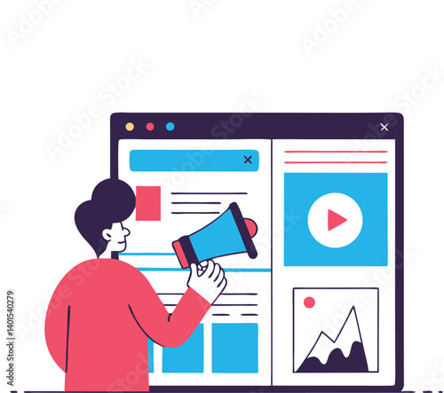 Marketer Placing Display Ads in a Media Buying Tool in Isometric Style

