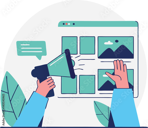 Marketer Placing Display Ads in a Media Buying Tool in Isometric Style

