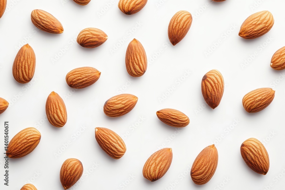 Scattered almonds close up flat lay on white background Scattered almonds close up flat lay on white background
