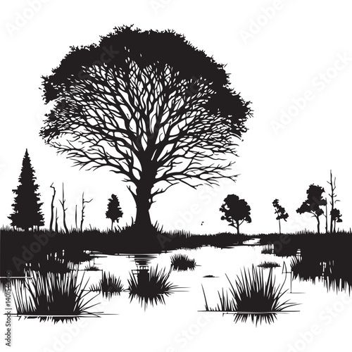 Swamp Silhouette Tree Forest Landscape Illustration Vector Design