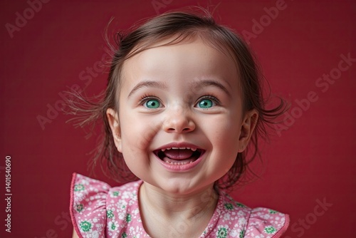 Joyful Baby Girl with Emerald Eyes and Comical Grin Against Bold Crimson Background