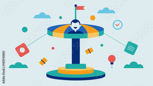 Carousel of Choices A spinning carousel with different choice icons food travel work while a dizzy character tries to keep up.