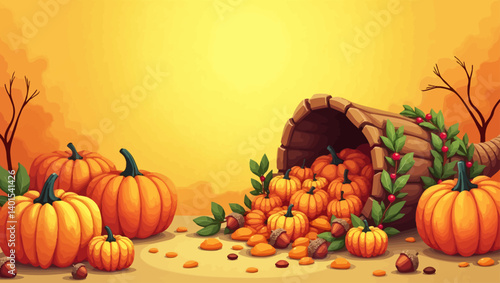Thanksgiving autumn scene with overflowing pumpkin basket, leaves, and golden background for seasonal themes.