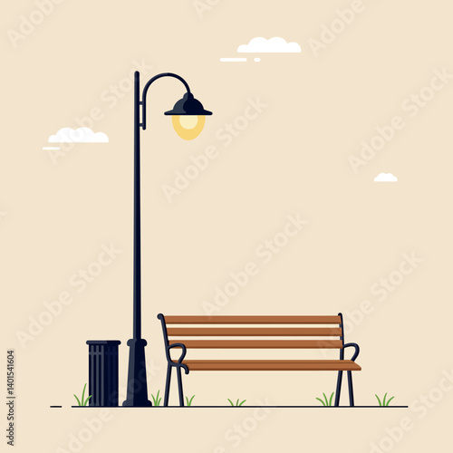 A serene park scene featuring a brown wooden bench, a black lamp post, and a trash can in a flat vector illustration