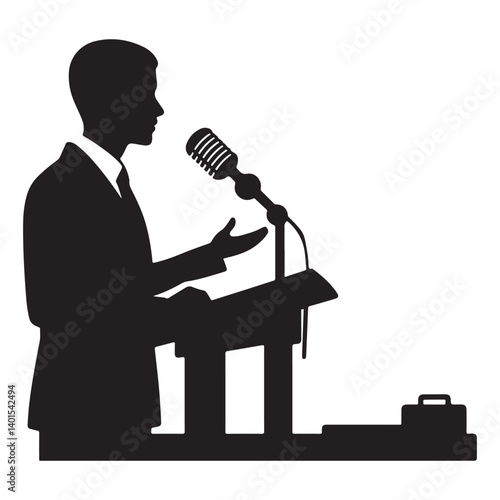 Silhouette Public Speaker Giving Speech Behind Podium Microphone Stand
