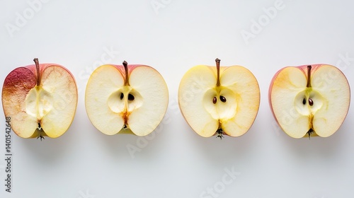 Fresh apple halves comparison showing oxidation and browning process on white background studio shot