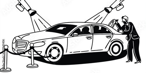 Car Under Spotlights At Premier Event Monochrome Vector Illustration