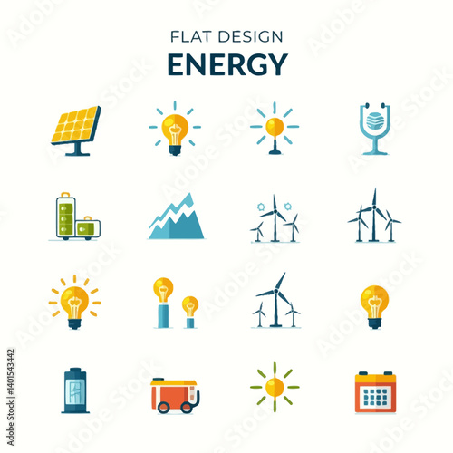 Flat design energy icons pack with solar panels, turbines, batteries, generators, and sun symbols.