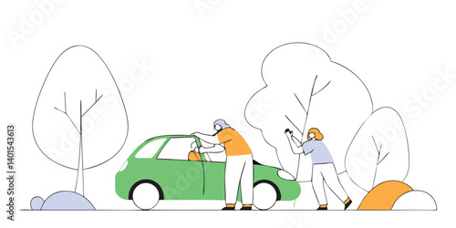 People Helping With Car Trouble Emergency In Nature With Minimalist Style