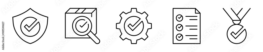Conjunto de iconos de control de calidad. Evaluación, cumplimiento y garantía de estándares. Escudo validado, revisión de producto, proceso aprobado, lista verificada, medalla de calidad Conjunto de iconos de control de calidad. Evaluación, cumplimiento y garantía de estándares. Escudo validado, revisión de producto, proceso aprobado, lista verificada, medalla de calidad