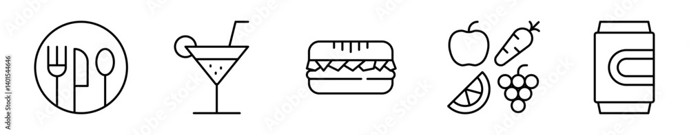Conjunto de iconos de comida y bebidas. Alimentos. Cubiertos, coctel refrescante, sándwich, frutas saludables, lata de bebida, refresco. Ilustración vectorial Conjunto de iconos de comida y bebidas. Alimentos. Cubiertos, coctel refrescante, sándwich, frutas saludables, lata de bebida, refresco. Ilustración vectorial