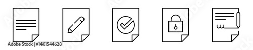 Conjunto de iconos de documento. Gestión, edición y validación de archivos. Texto informativo, hoja de documento, redacción, aprobación, seguridad de contenido, firma digital. Ilustración vectorial