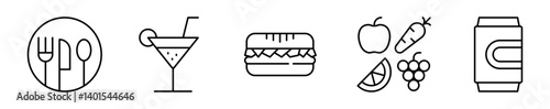 Conjunto de iconos de comida y bebidas. Alimentos. Cubiertos, coctel refrescante, sándwich, frutas saludables, lata de bebida, refresco. Ilustración vectorial