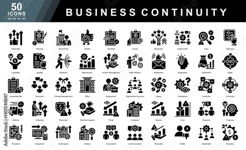 Business continuity glyph icon set covering risk planning, resilience, disruption response, and operational strategy. Ideal for corporate preparedness, crisis management, and workflow design.