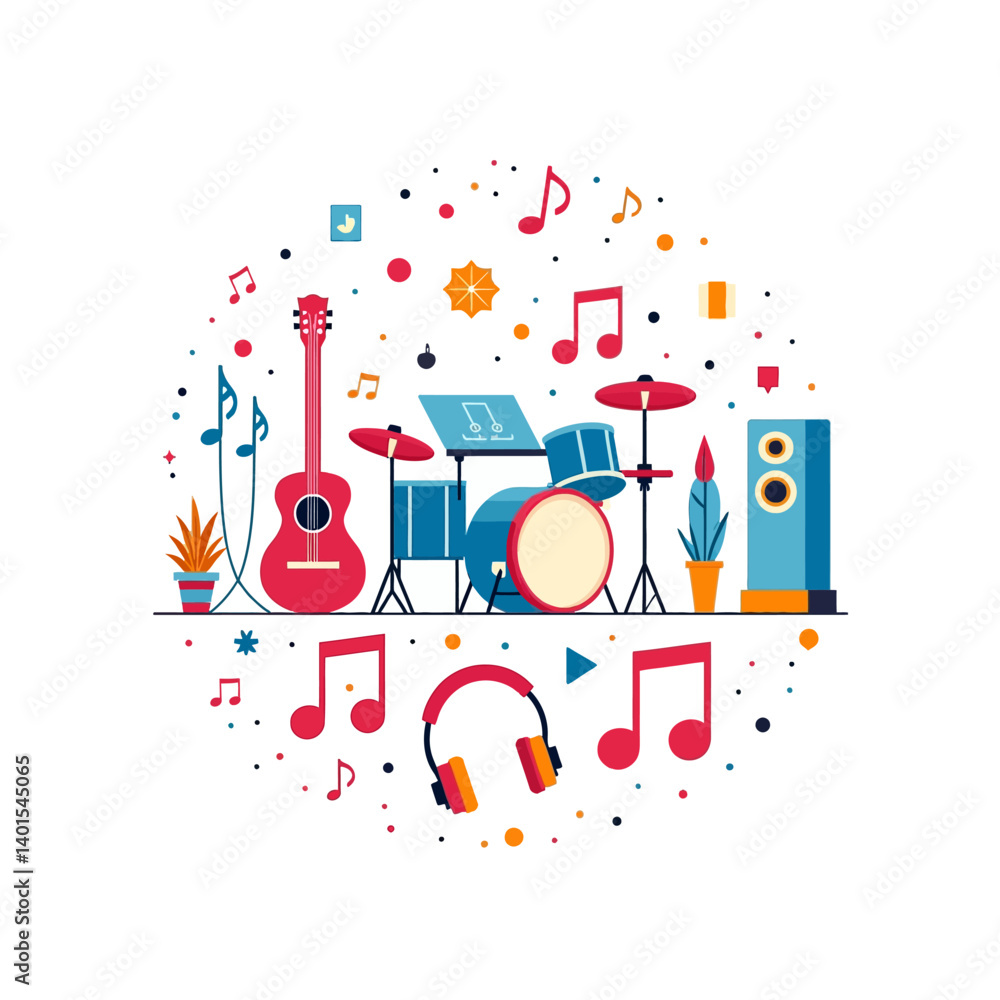 Colorful musical instruments and headphones with notes, perfect for music festival or concert themed vector content. Colorful musical instruments and headphones with notes, perfect for music festival or concert themed vector content.
