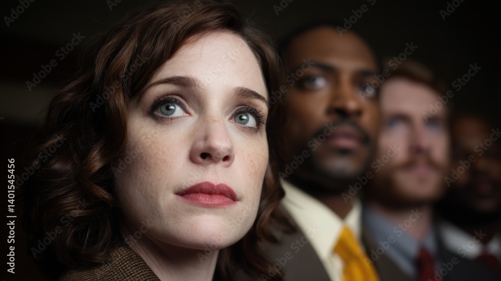 Close-up of a group of people with shocked expressions and intense looks. People in electrifying tension from a scandal about to be revealed. Close-up of a group of people with shocked expressions and intense looks. People in electrifying tension from a scandal about to be revealed.