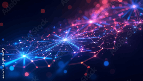 Abstract glowing neural network with connected nodes and radiant tech lines on dark background.