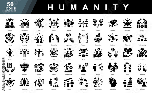 Humanity glyph icon set symbolizing compassion, equality, ethics, and resilience. Ideal for nonprofit work, education, awareness campaigns, and social responsibility visuals.