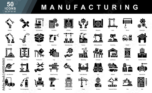Manufacturing glyph icon set featuring tools, machinery, robotics, and production elements. Ideal for industrial platforms, factory planning, safety manuals, and engineering presentations.