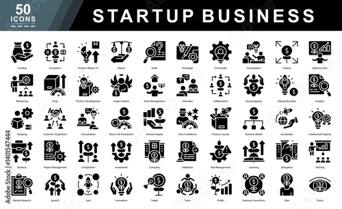 Startup Business glyph icon set focused on innovation, funding, product launch, and growth. Ideal for pitch decks, business plans, incubators, accelerators, and startup ecosystem platforms.