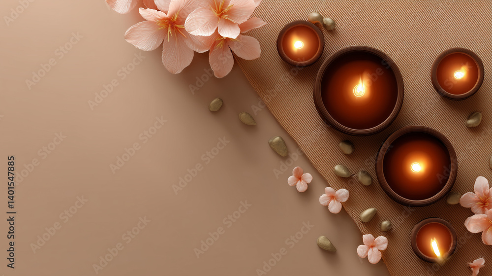 Fototapeta premium Minimal festive background with glowing diyas, clean center, side floral decor