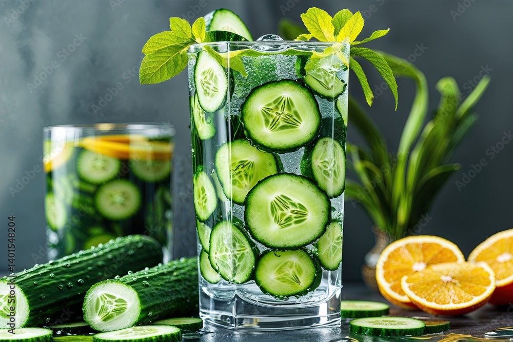 Revitalizing Cucumber Water Presentation with Bright Green Highlights and Citrus Infusion