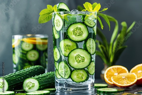 Obraz na płótnie Revitalizing Cucumber Water Presentation with Bright Green Highlights and Citrus Infusion w salonie