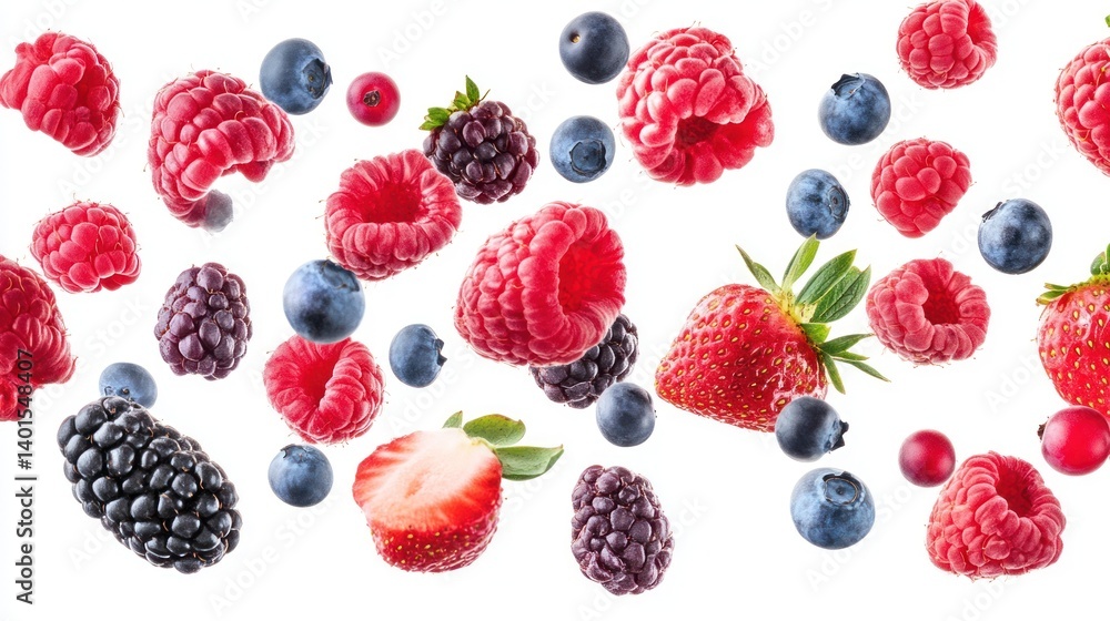 Fresh mixed berries such as raspberries, strawberries, and blueberries floating in the air against a white background Fresh mixed berries such as raspberries, strawberries, and blueberries floating in the air against a white background