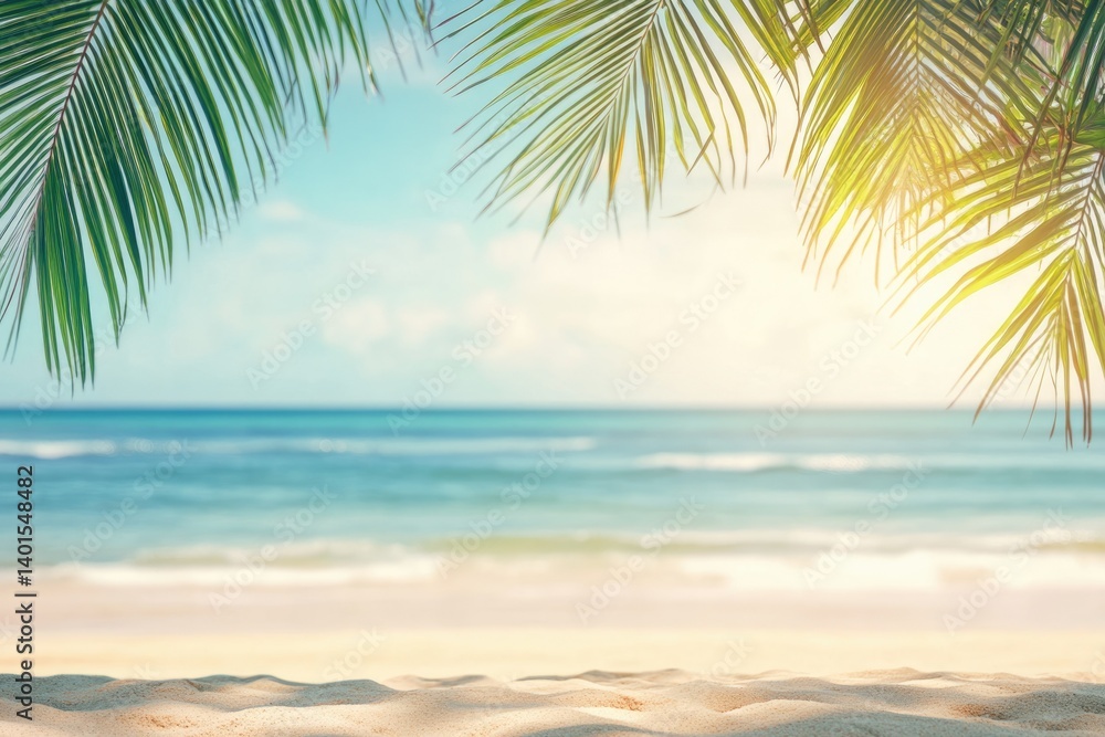 Obraz premium Serene tropical beach scene with palm leaves framing a sun-kissed ocean view.
