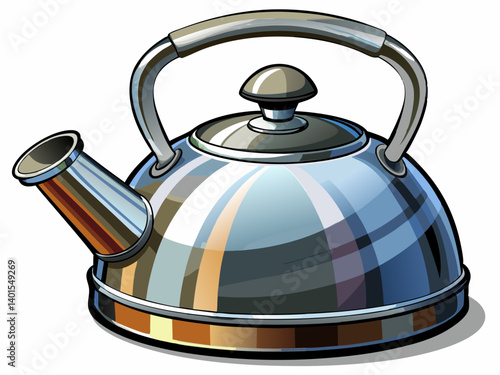 A high-quality vector illustration of a stainless steel kettle with a whistle spout, isolated on a white background, detailed and realistic