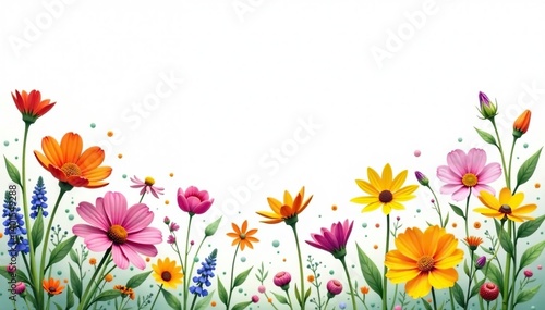 Delicate, scattered wildflowers on white background, botanical, scattered flowers, wildflowers