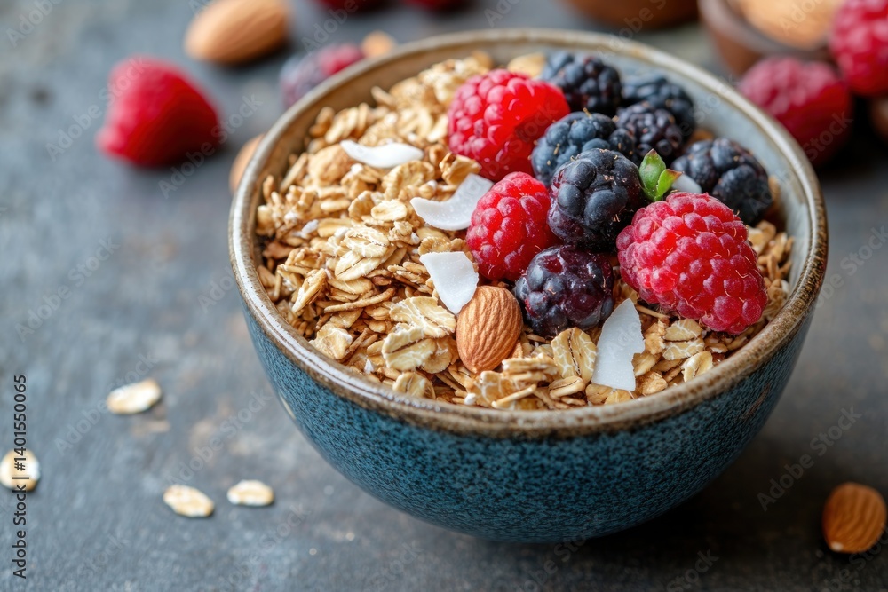Granola made from oatmeal, almonds, walnuts, and shredded coconut, served in a small bowl with a side of fresh berries, highlighting the textures and colors Granola made from oatmeal, almonds, walnuts, and shredded coconut, served in a small bowl with a side of fresh berries, highlighting the textures and colors