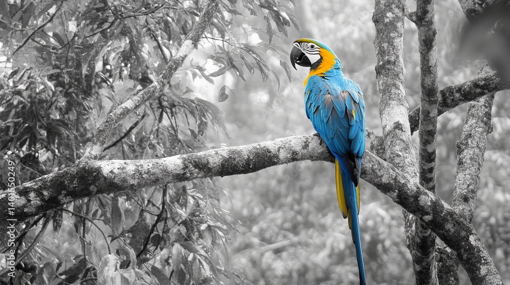 Obraz premium Blue macaw parrot bird wildlife tropical avian nature colorful branch exotic animal feathers perched tree forest