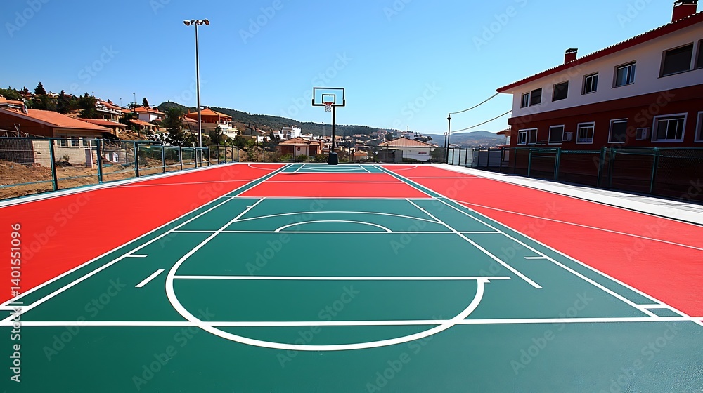 Obraz premium Outdoor Basketball Court Green Red Surface