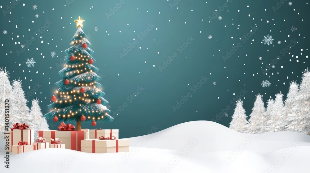 A stunning Christmas tree adorned with gift boxes in a snowy landscape, illustrated with space for text A stunning Christmas tree adorned with gift boxes in a snowy landscape, illustrated with space for text