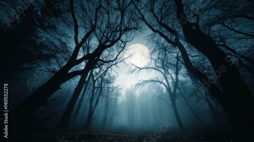 Magical forest with scary crooked black trees and moon at night, dark spooky woods. Cinematic landscape in strange fairy tale world. Concept of fantasy, horror, movie, background.