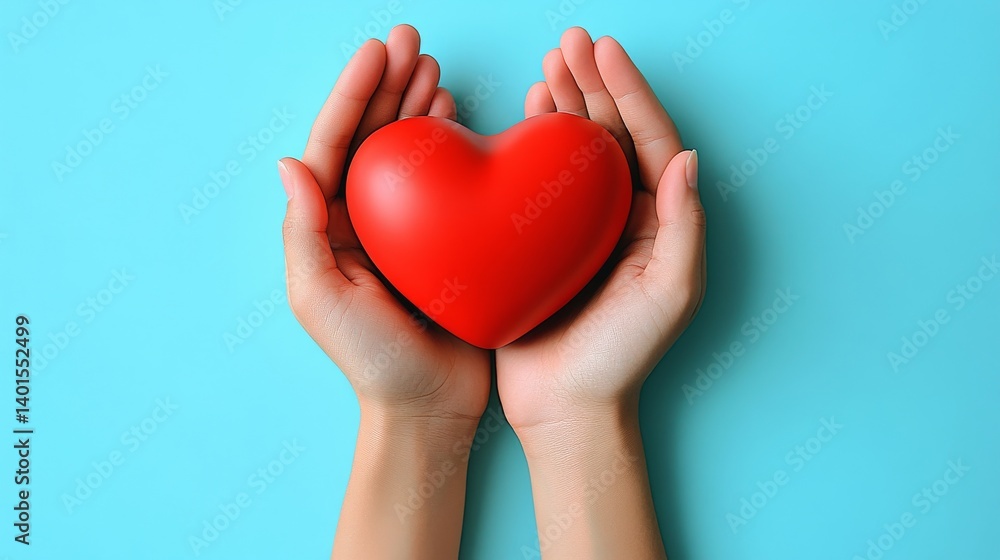 A red heart nestled in hands on a blue background, symbolizing global health and care. Suitable for World Health Day, World AIDS Day, and medical-themed designs A red heart nestled in hands on a blue background, symbolizing global health and care. Suitable for World Health Day, World AIDS Day, and medical-themed designs