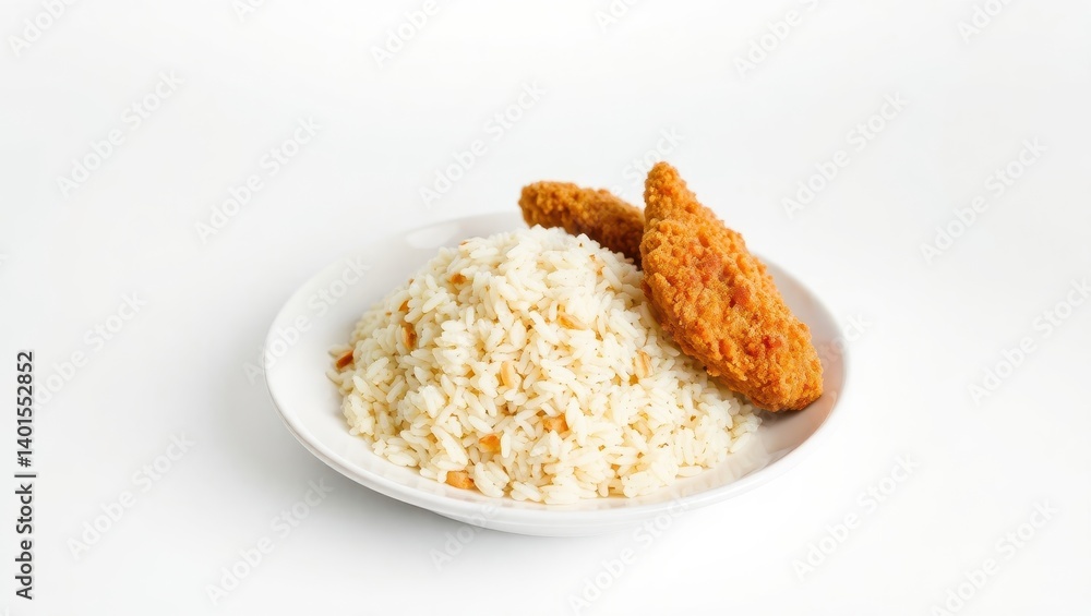 Crispy Fried Chicken with Garlic Rice on Plate Crispy Fried Chicken with Garlic Rice on Plate