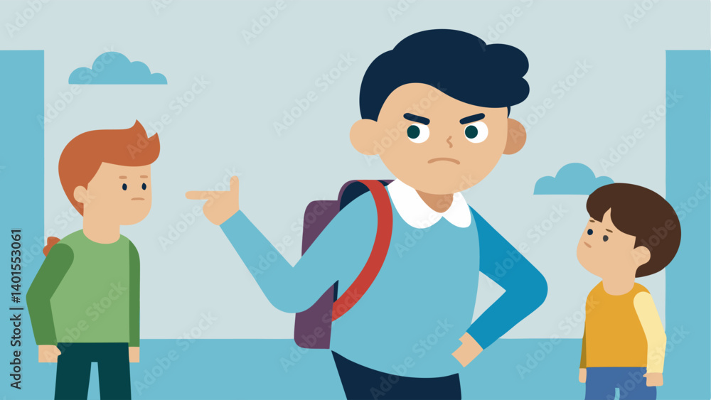 Intervention A brave student stepping in to confront a bully who is mocking a classmate with a determined expression and outstretched hand. Intervention A brave student stepping in to confront a bully who is mocking a classmate with a determined expression and outstretched hand.
