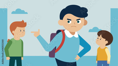Intervention A brave student stepping in to confront a bully who is mocking a classmate with a determined expression and outstretched hand.