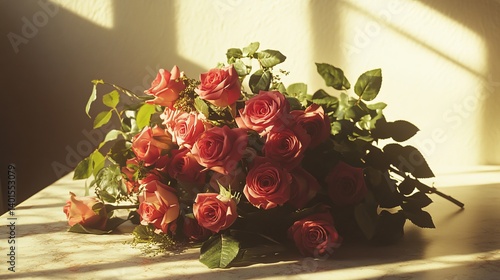 Beautiful Bouquet of Red Roses Arranged in a Glass Vase on a Table With Warm Sunlight Illuminating the Room