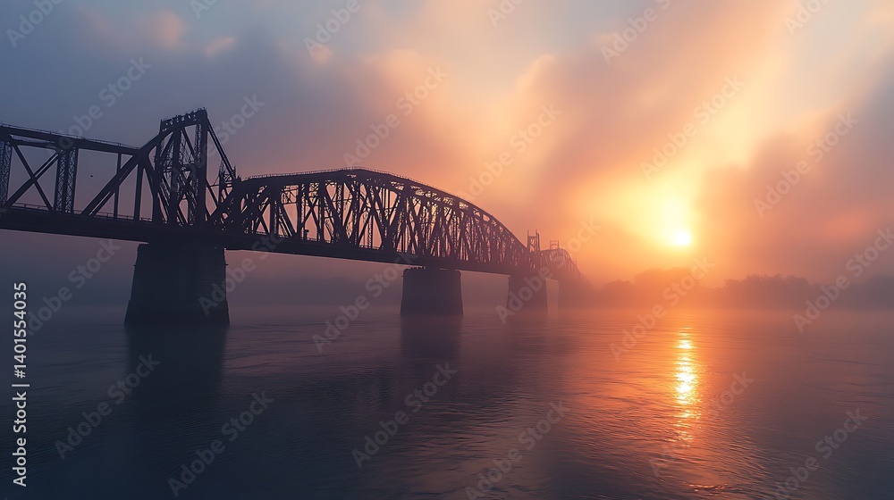 Howrah Bridge at Sunrise: The silhouette of the iconic Howrah Bridge spans the Hooghly River at dawn, with the first light of the day breaking through the mist Howrah Bridge at Sunrise: The silhouette of the iconic Howrah Bridge spans the Hooghly River at dawn, with the first light of the day breaking through the mist