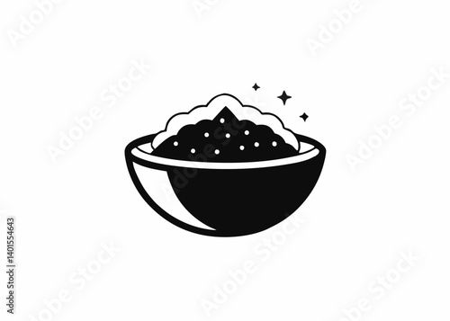 Black and White Bowl of Rice: A simple, elegant black and white illustration of a bowl filled with fluffy, appetizing rice, ready to be enjoyed.