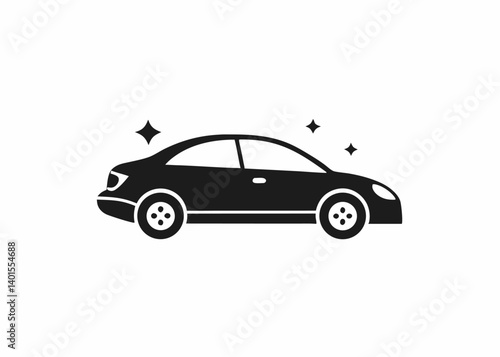Shiny Black Sedan: A sleek, black sedan, embodying a sense of sophistication and modernity, stands with subtle sparkle, suggesting cleanliness and care.