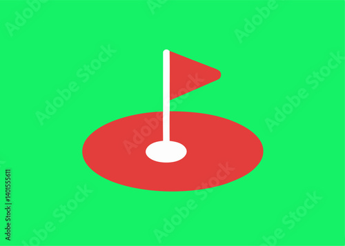Golf hole on Green: A minimalist, graphic rendering of a golf hole with a red flag against a vibrant green backdrop, symbolizing precision and the pursuit of perfection in the sport.