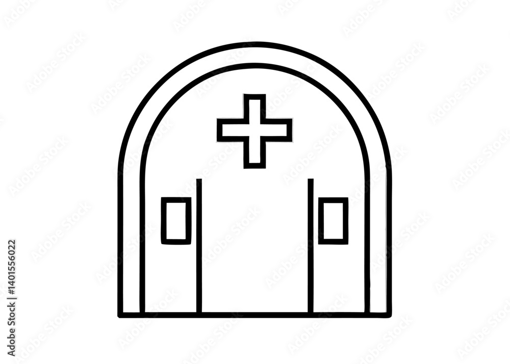 Obraz premium Healthcare Icon: A straightforward outline of a hospital entrance, featuring double doors and a prominent medical cross, offering a visual shorthand for health and care.