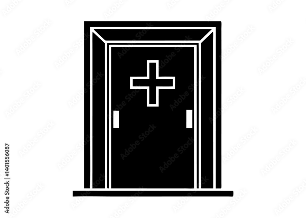 Fototapeta premium Medical Doorway: A symbol of hope and care, a stark silhouette of a medical door, emblazoned with a cross, invites viewers into a realm of healing and compassion.